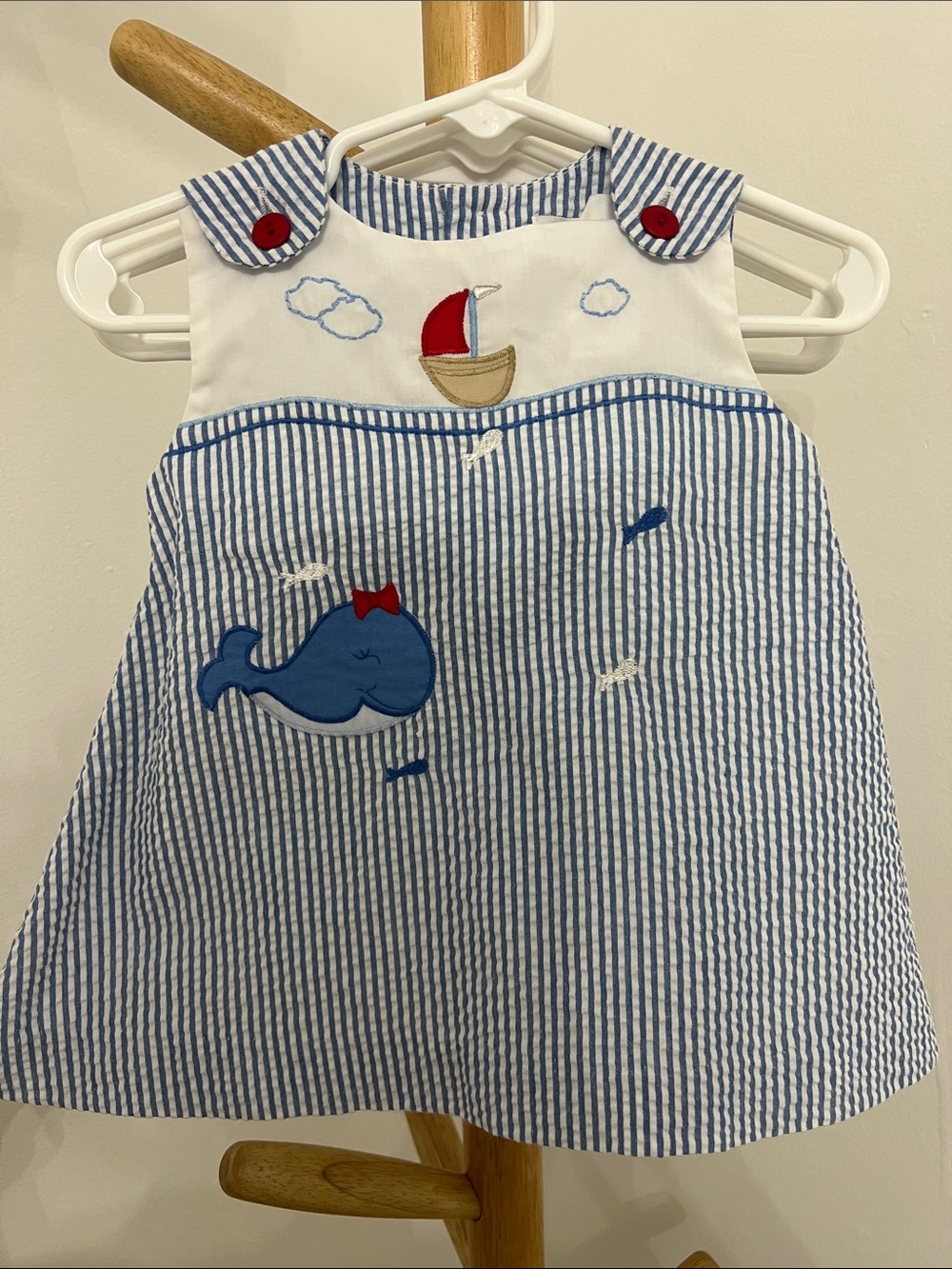 Blue Seersucker Whale & Sailboat Baby Dress